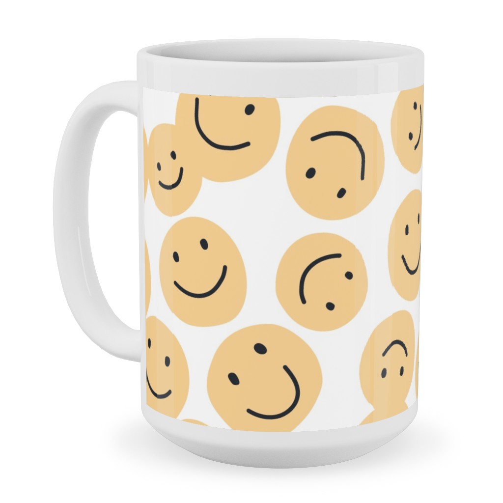 Happy Smiley Faces - Yellow Ceramic Mug, White, , 15oz, Yellow, Classic Yellow