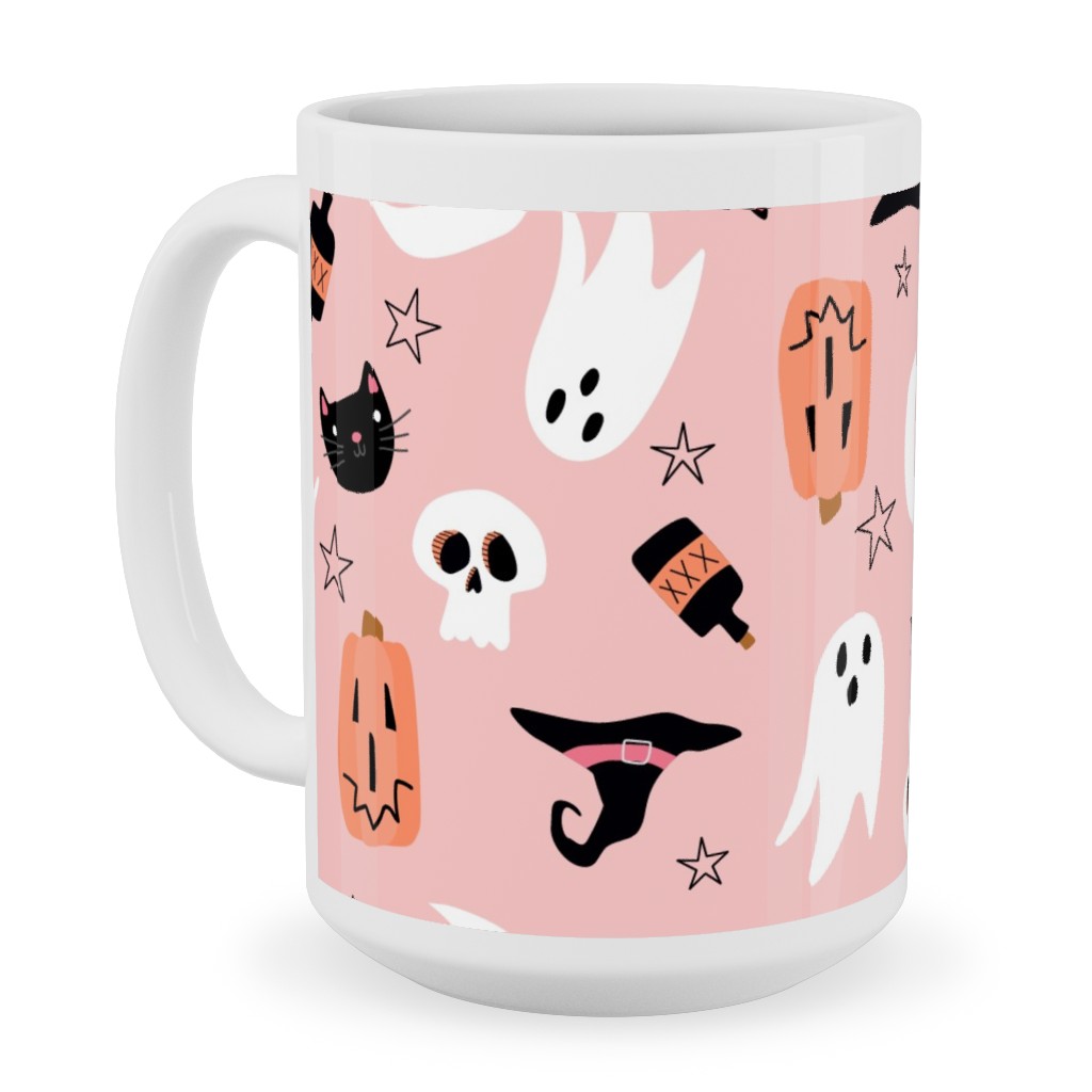 Sweet Halloween Pumpkin, Witch, Ghost, Cat Ceramic Mug, White,  , 15oz, Pink