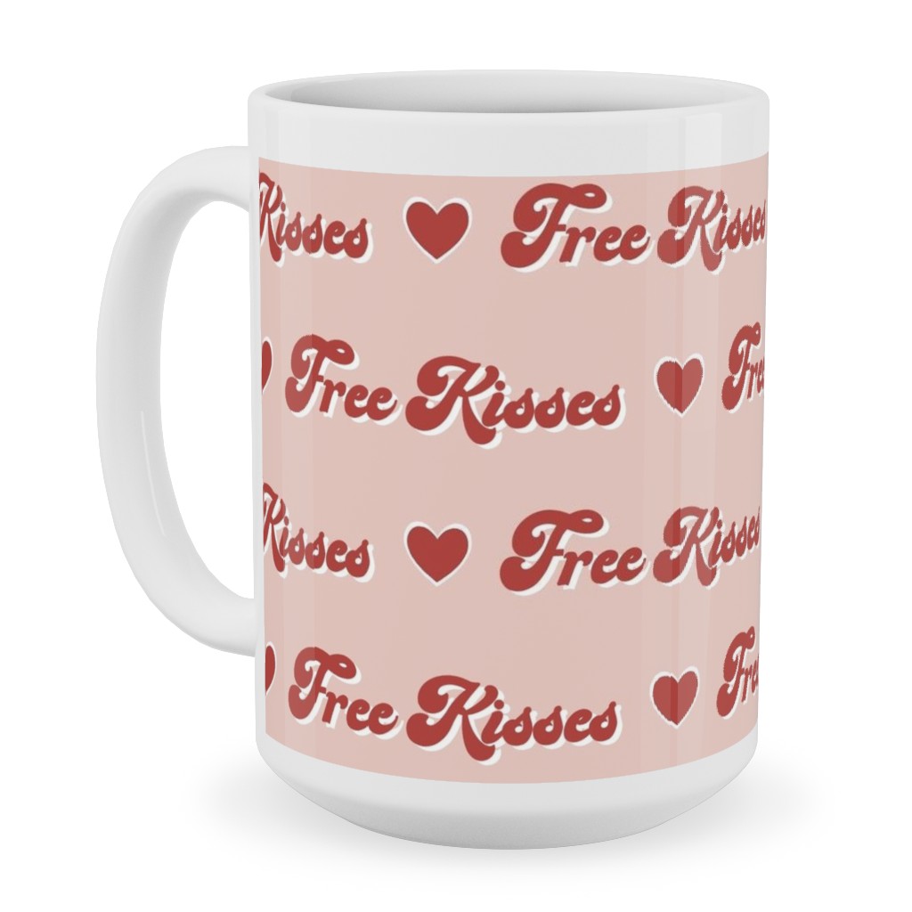 Free Kisses - Retro Hearts - Red on Pink Ceramic Mug, White, , 15oz, Pink, Bright Pink