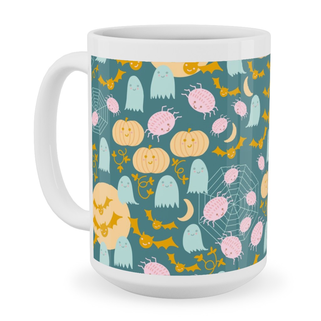 Cute Pastel Halloween Scene in Candy Colors - Pumpkin Ghost Spider Web Bat - Multi Ceramic Mug, White,  , 15oz, Multicolor