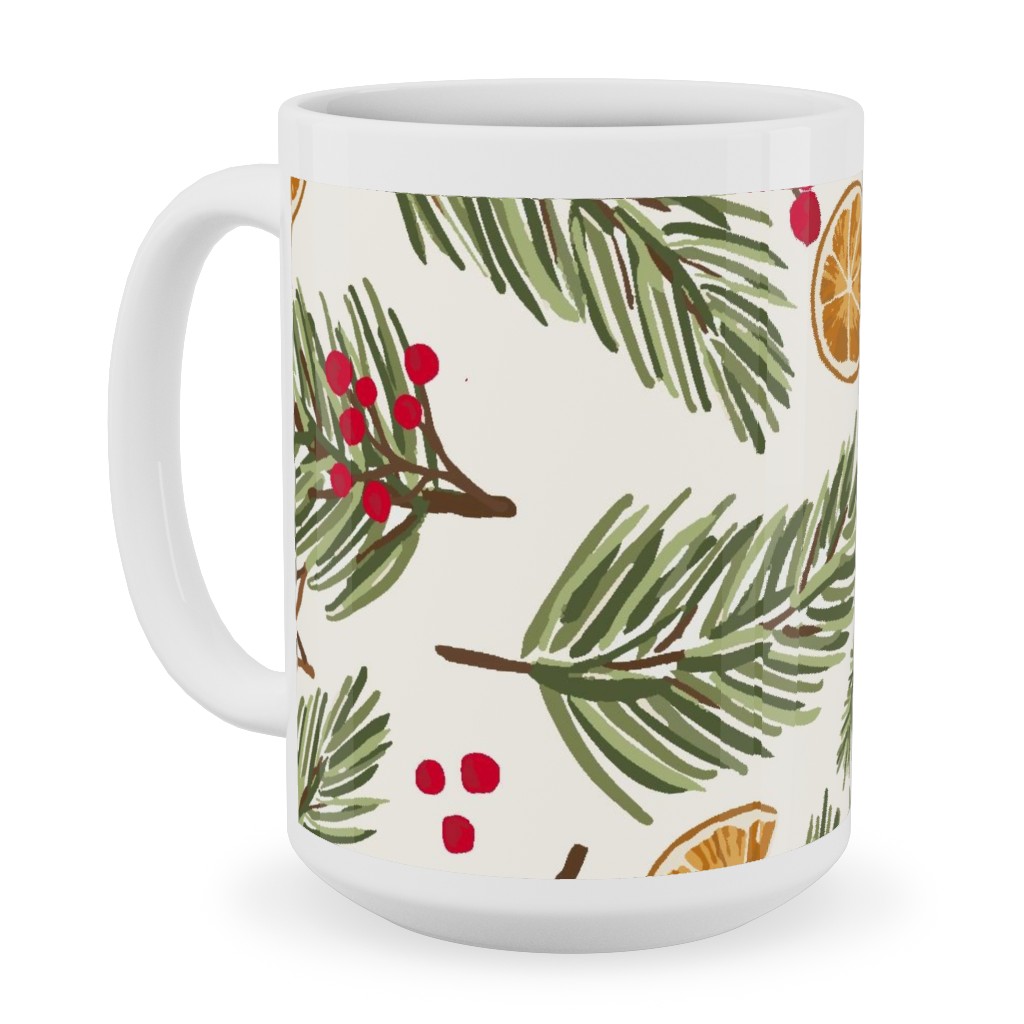 Festive Christmas Pine Sprigs and Orange Slices Ceramic Mug, White,  , 15oz, Multicolor