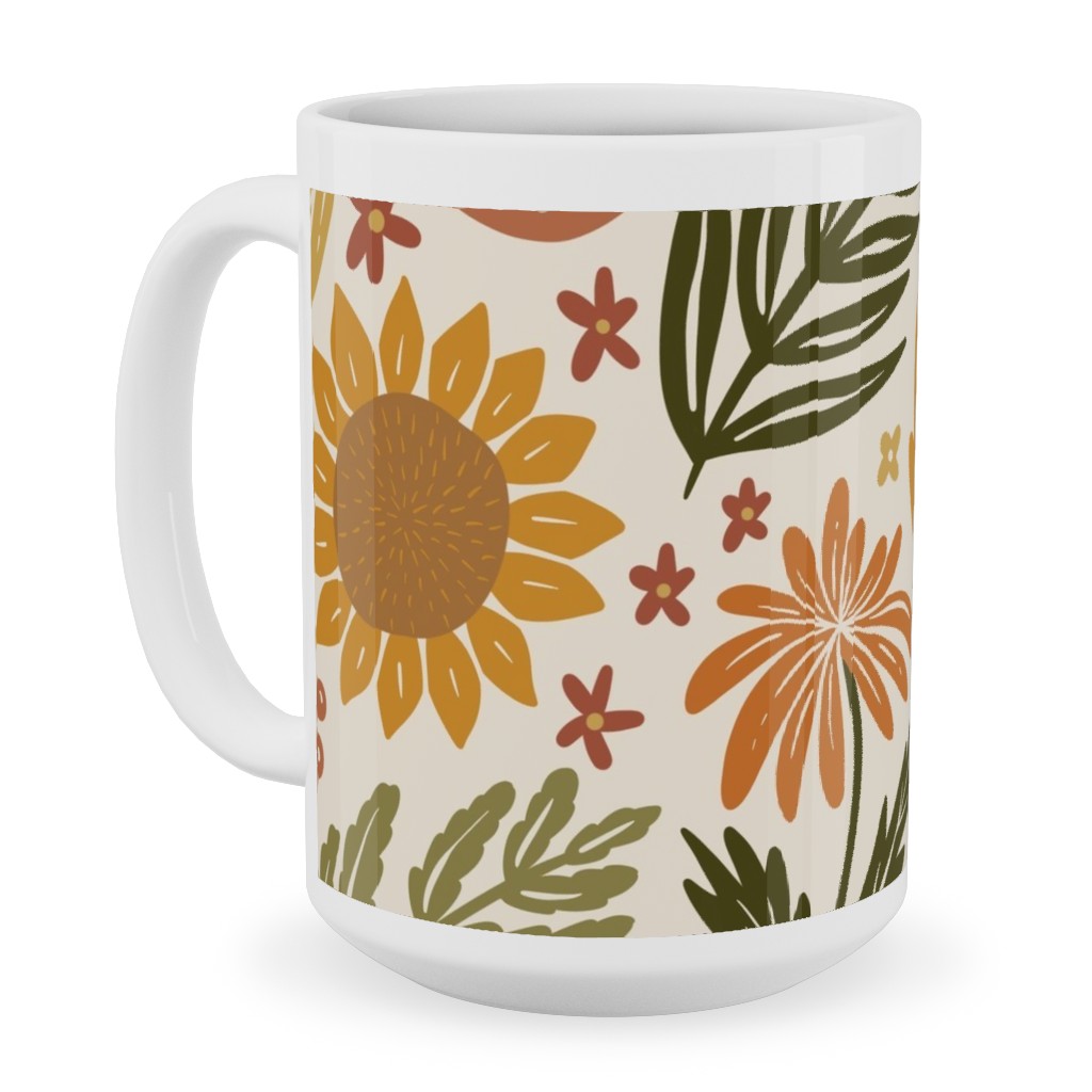 Autumn Botanicals - Leaves, Acorns, Sunflowers, Ferns, Mums, Pinecones, Mushrooms - Light Ceramic Mug, White,  , 15oz, Multicolor
