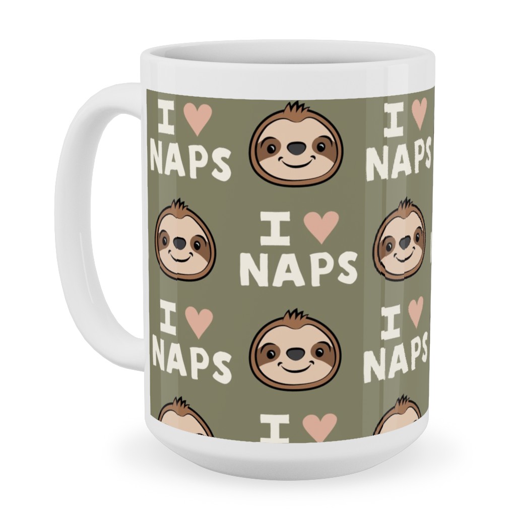 I Heart Naps - Cute Sloths - Olive Green Ceramic Mug, White,  , 15oz, Green