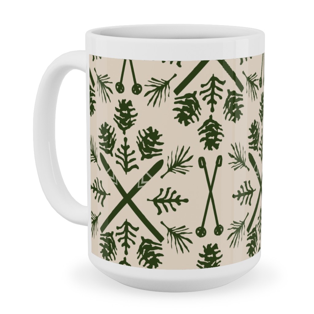 Winter Ski Season - Pine and Tan Ceramic Mug, White,  , 15oz, Green