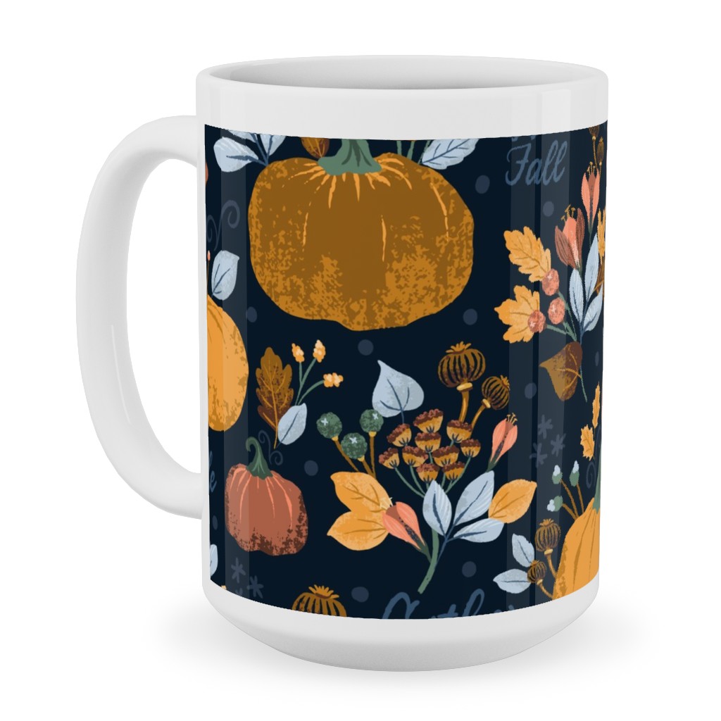 Smaller Scale Elegant Navy Fall Floral - Harvest Gratitude + Cozy Petal Solids Ceramic Mug, White,  , 15oz, Orange