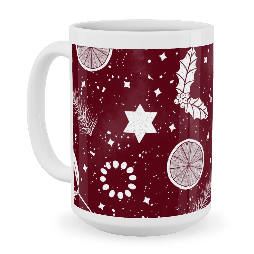 Festive Christmas Print Stars, Mistletoe, Orange, Holly and Pine Branch on Burgundy Ceramic Mug, White, , 15oz, Red, Red
