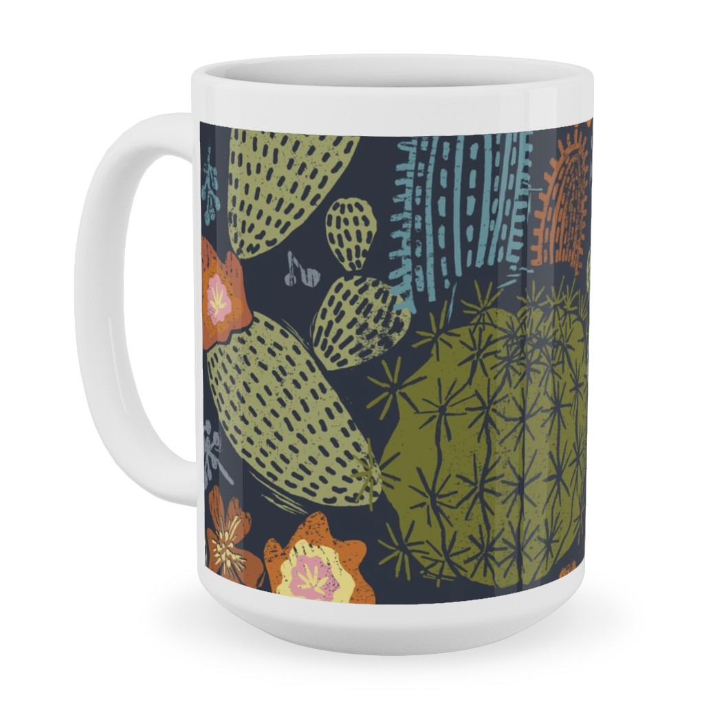 Cactus Garden - Block Print Style - Dark Ceramic Mug, White,  , 15oz, Green