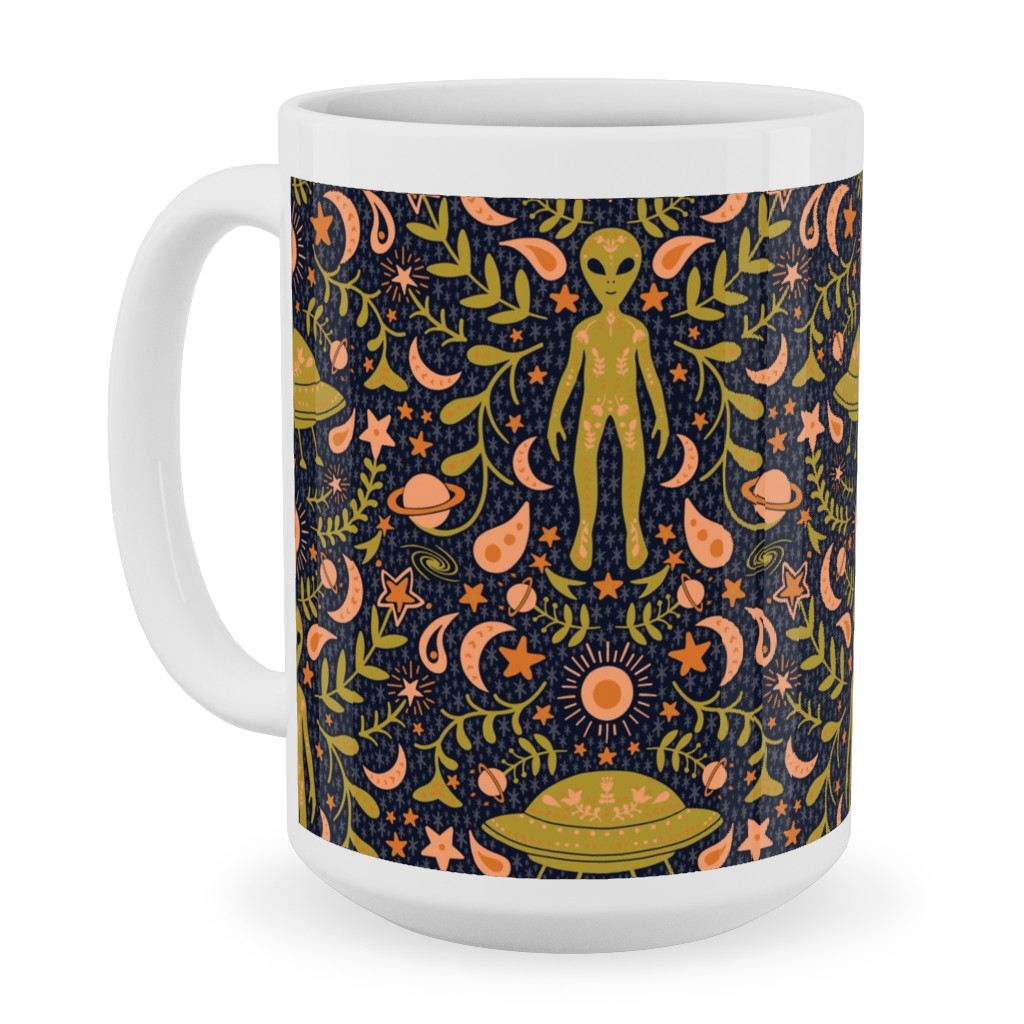 Folk Art Alien Ceramic Mug, White,  , 15oz, Orange