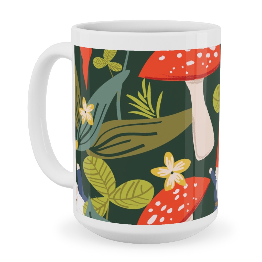 Woodland Gnomes & Mushrooms - Green Ceramic Mug, White,  , 15oz, Green