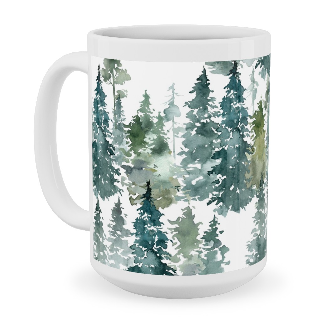 Woodland Trees Watercolor - White Ceramic Mug, White,  , 15oz, Green