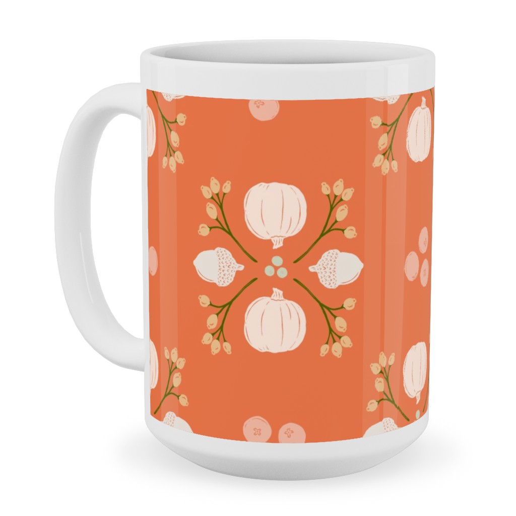 Bright Orange Acorn, Cranberry, & Pumpkin Fall Foliage Damask Ceramic Mug, White,  , 15oz, Orange
