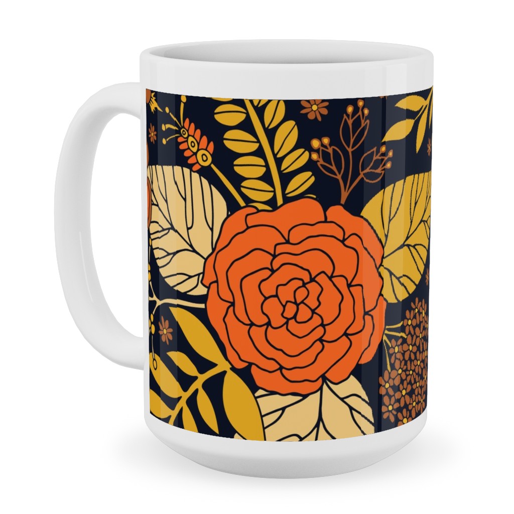 Retro Floral - Orange Brown and Yellow Ceramic Mug, White, , 15oz, Orange, Orange