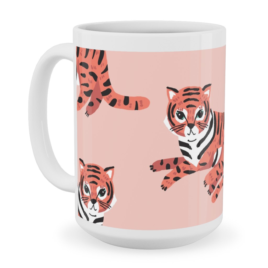 Jungle Tigers - Blush and Coral Ceramic Mug, White,  , 15oz, Pink
