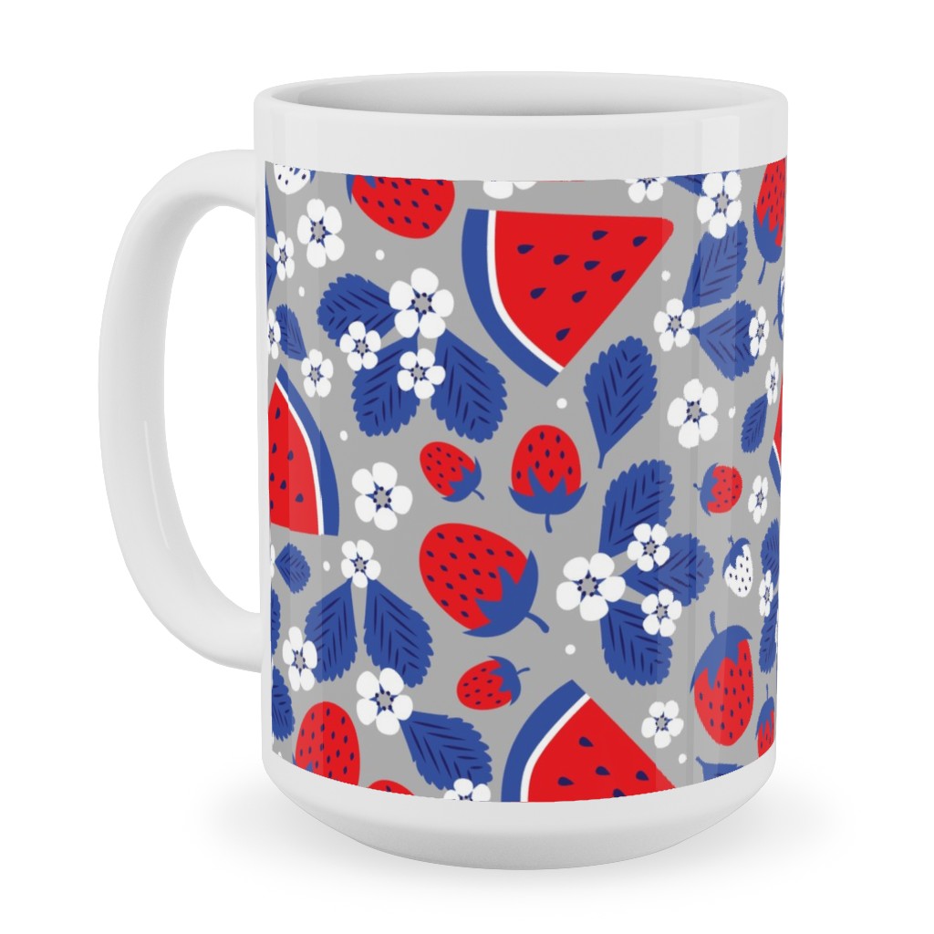 Summer Strawberries and Melons - Red, White and Blue Ceramic Mug, White, , 15oz, Multicolor