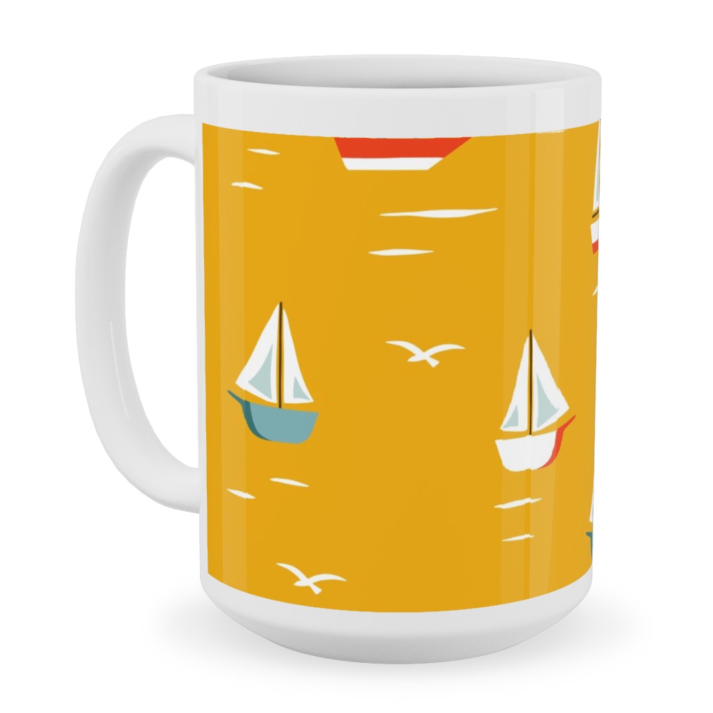 Sailboats Ceramic Mug, White,  , 15oz, Yellow