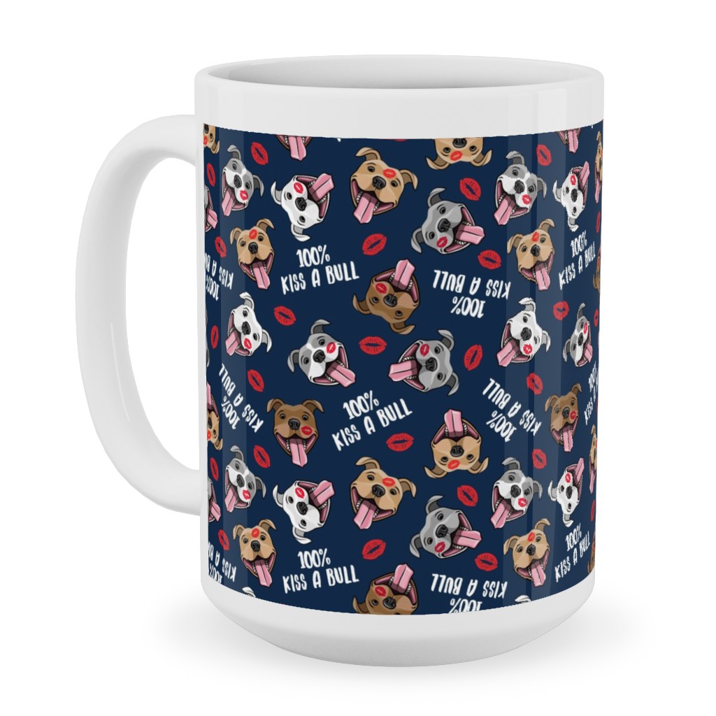 100% Kiss a Bull - Cute Pit Bull Dog - Red and Blue Ceramic Mug, White, , 15oz, Blue, True Blue