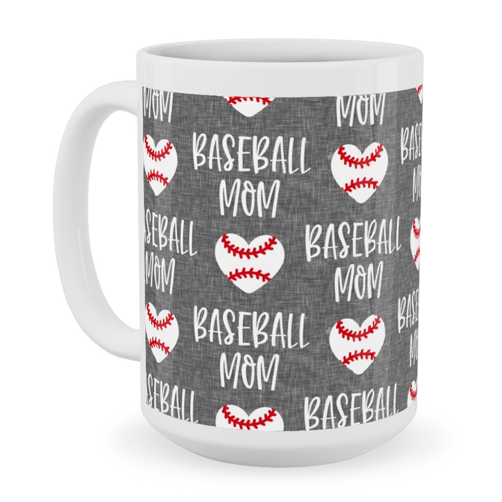 Baseball Mom - Baseball Heart - White on Grey Ceramic Mug, White, , 15oz, Gray, Gray