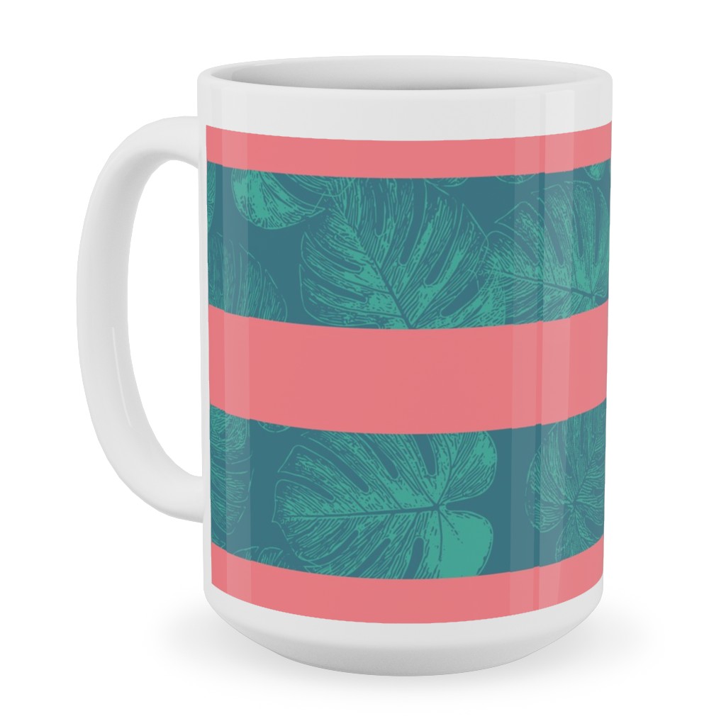 Monstera Leaf Stripes Ceramic Mug, White, , 15oz, Green, Classic Green