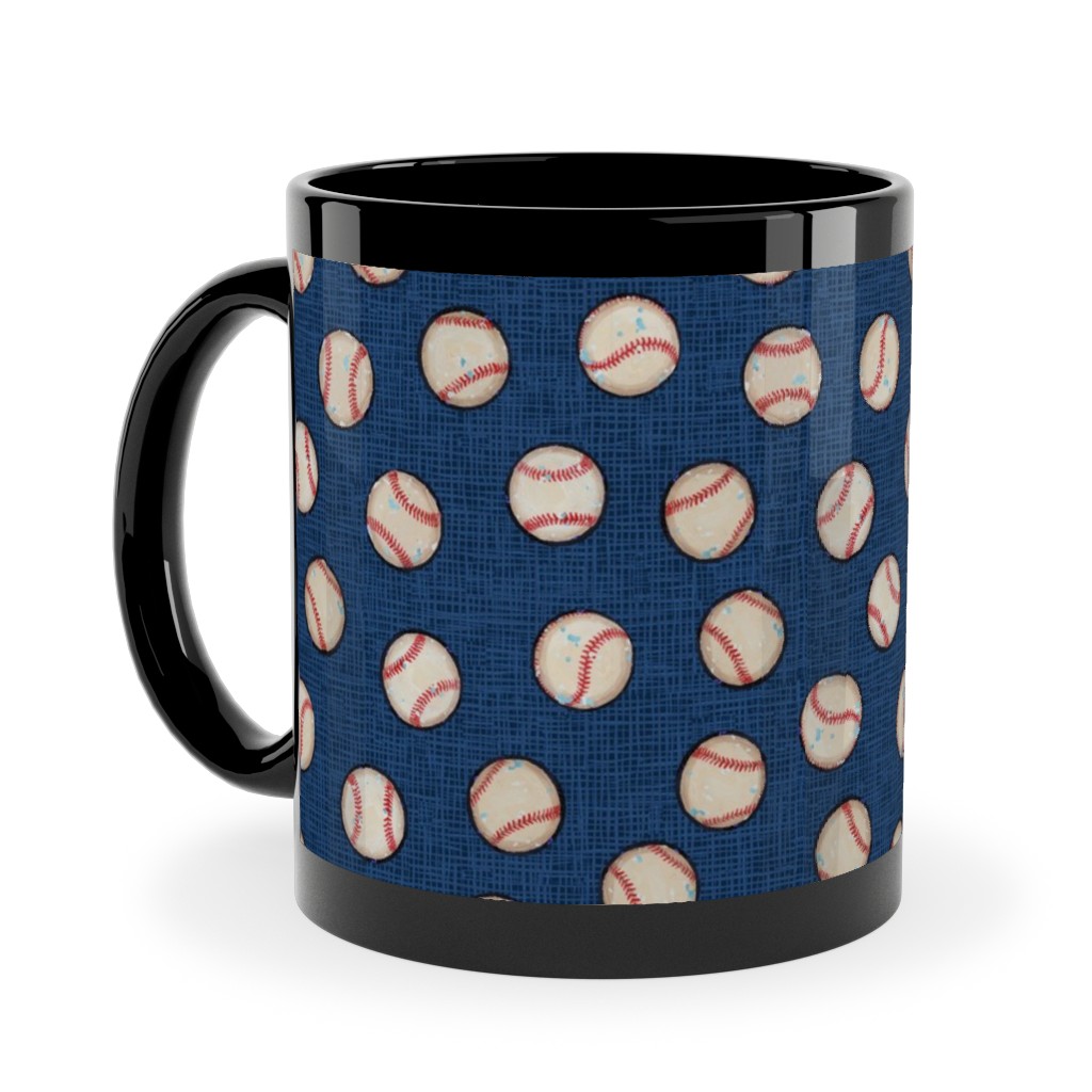 Baseball Balls on Blue Linen Ceramic Mug, Black, , 11oz, Blue, True Blue