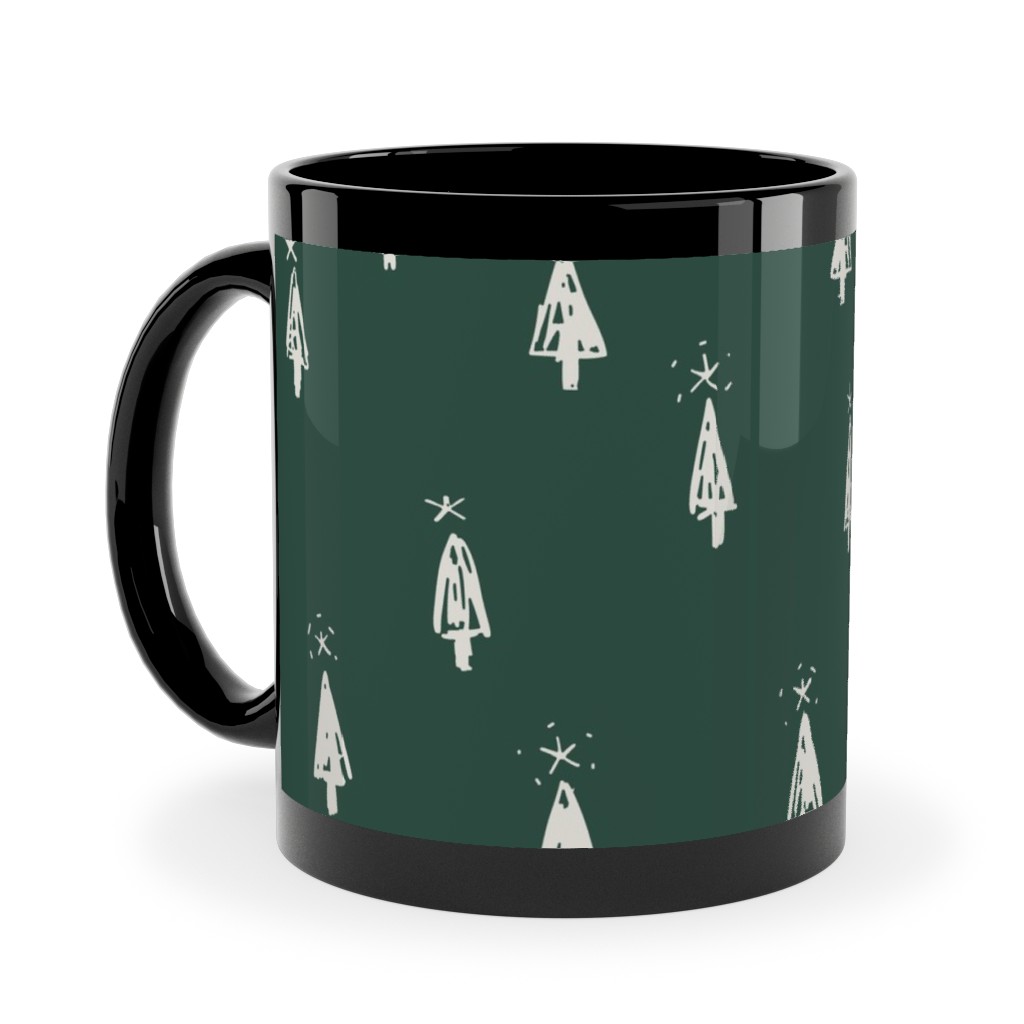 Christmas Trees on Pine Needle Ceramic Mug, Black, , 11oz, Green, Pine