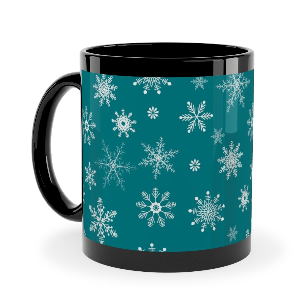 Snowflakes on Emerald Ceramic Mug, Black,  , 11oz, Green