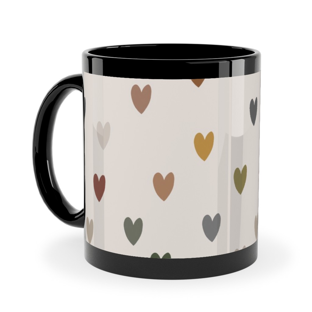 Earthy Colored Hearts - Multi Muted Ceramic Mug, Black, , 11oz, Beige, Pearl
