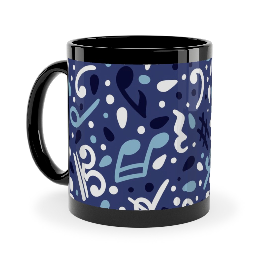 Music Notes and the Blues Ceramic Mug, Black,  , 11oz, Blue