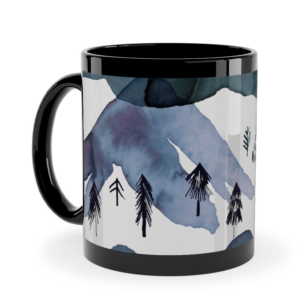 Watercolor Mountains Landscape - Blue Ceramic Mug, Black,  , 11oz, Blue