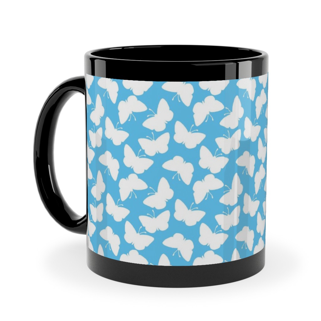 Butterflies - White on Blue Ceramic Mug, Black, , 11oz, Blue, True Blue
