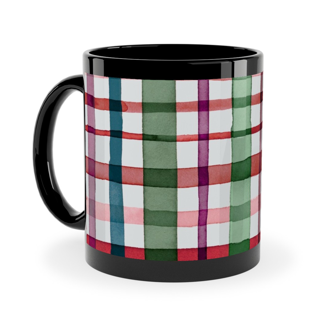 Watercolor Gingham - Red and Green Ceramic Mug, Black, , 11oz, Multicolor