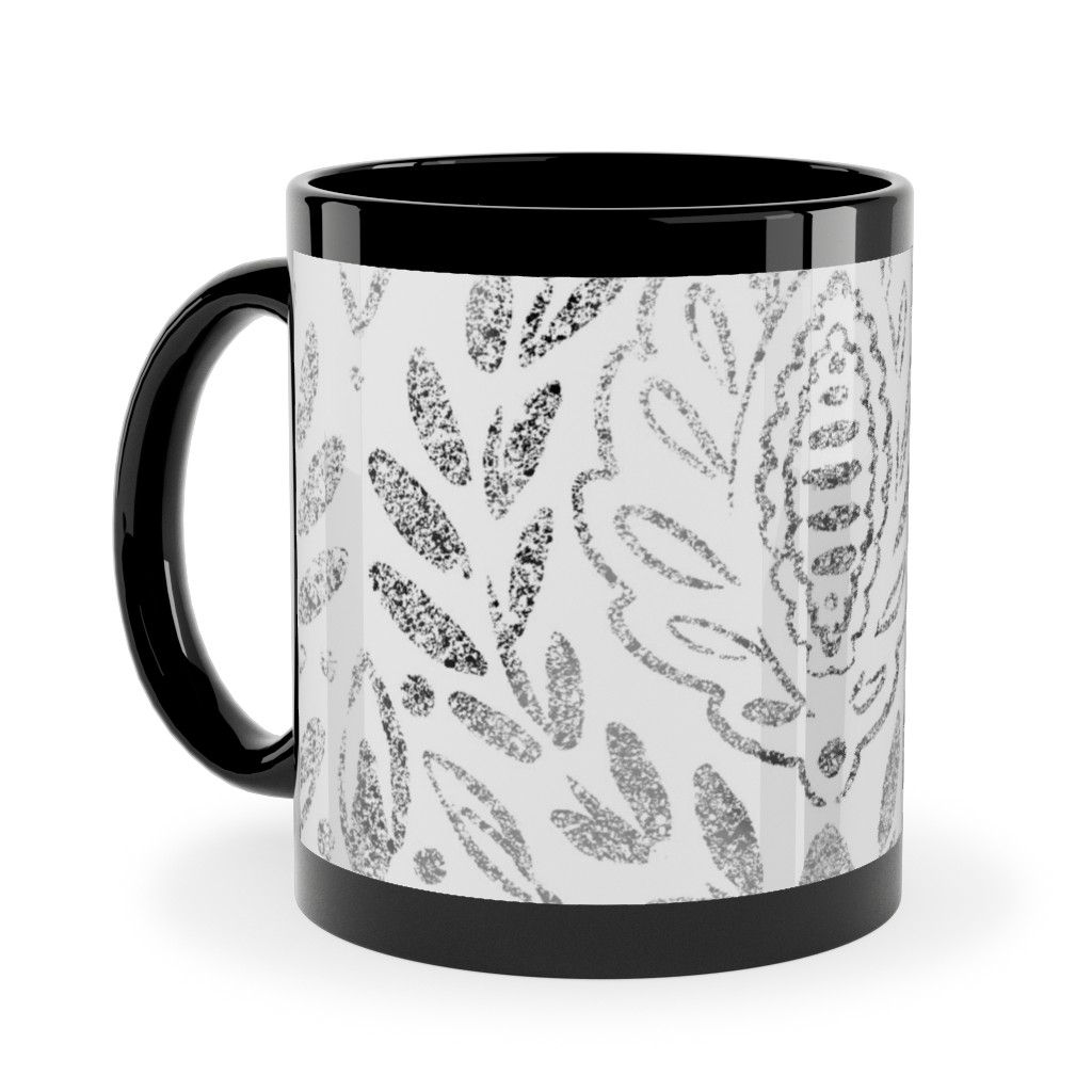 Distressed Damask Leaves - Grey Ceramic Mug, Black, , 11oz, Gray, Gray