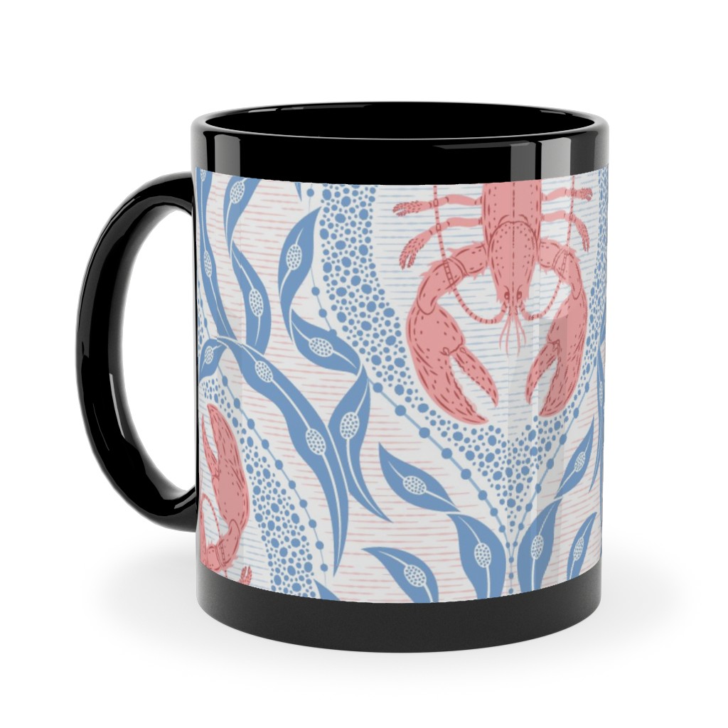 Lobster and Seaweed Nautical Damask - White, Coral Pink and Cornflower Blue Ceramic Mug, Black, , 11oz, Blue, True Blue