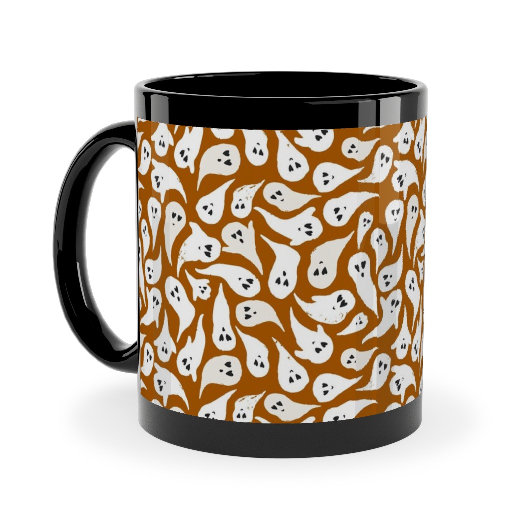 Halloween Ghosts on Dark Burnt Orange Ceramic Mug, Black, , 11oz, Orange, Orange