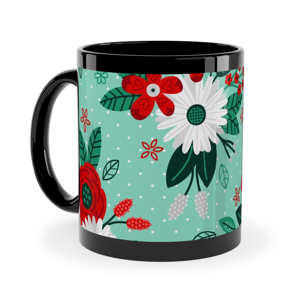 Holiday Floral Bouquet Ceramic Mug, Black, , 11oz, Green, Classic Green