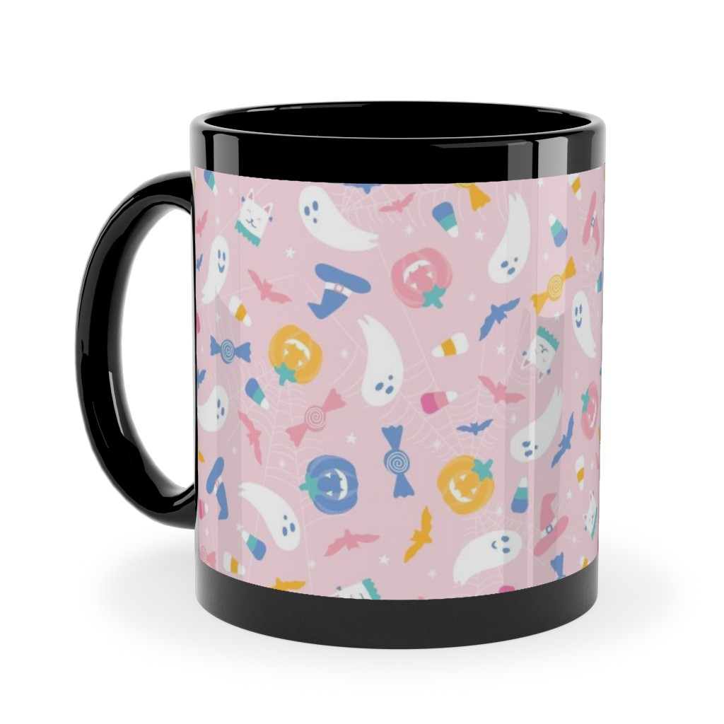 Pastel Halloween Happy Ghosts and Candy Corn Ceramic Mug, Black,  , 11oz, Pink