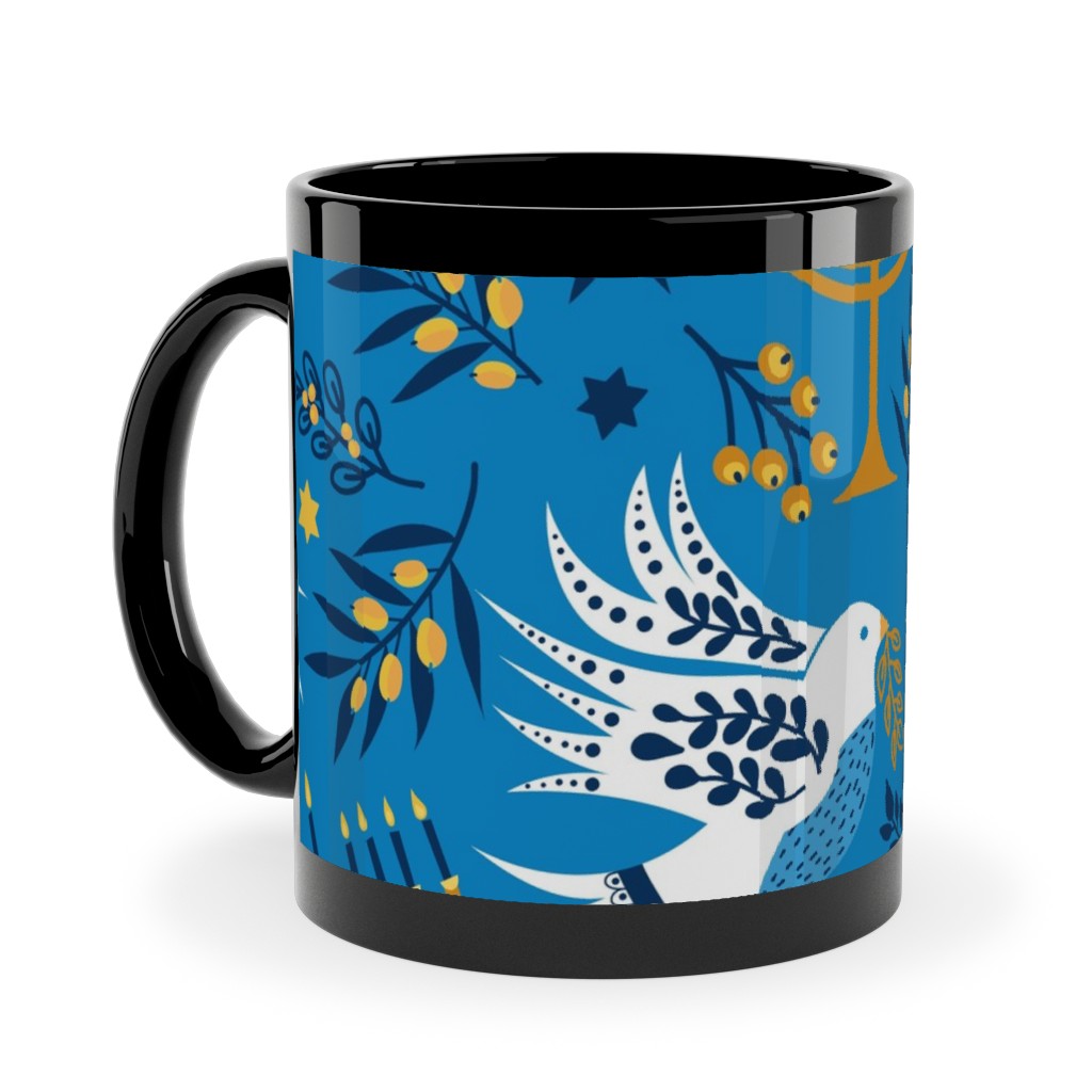 Hanukkah Birds Menorahs - Light Blue Ceramic Mug, Black, , 11oz, Blue, True Blue