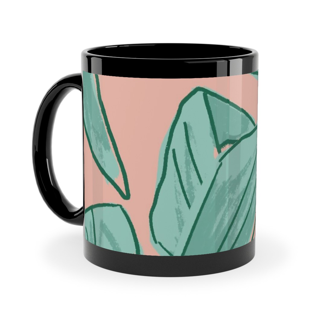 Lush Tropical Leaves - Pink and Mint Ceramic Mug, Black, , 11oz, Green, Classic Green