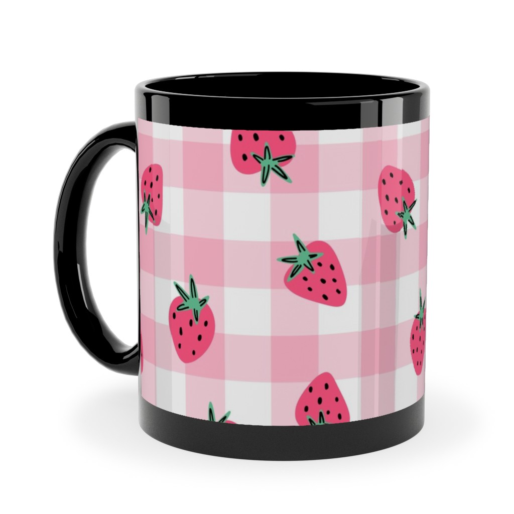 Summer Strawberry Gingham - Pink Ceramic Mug, Black,  , 11oz, Pink