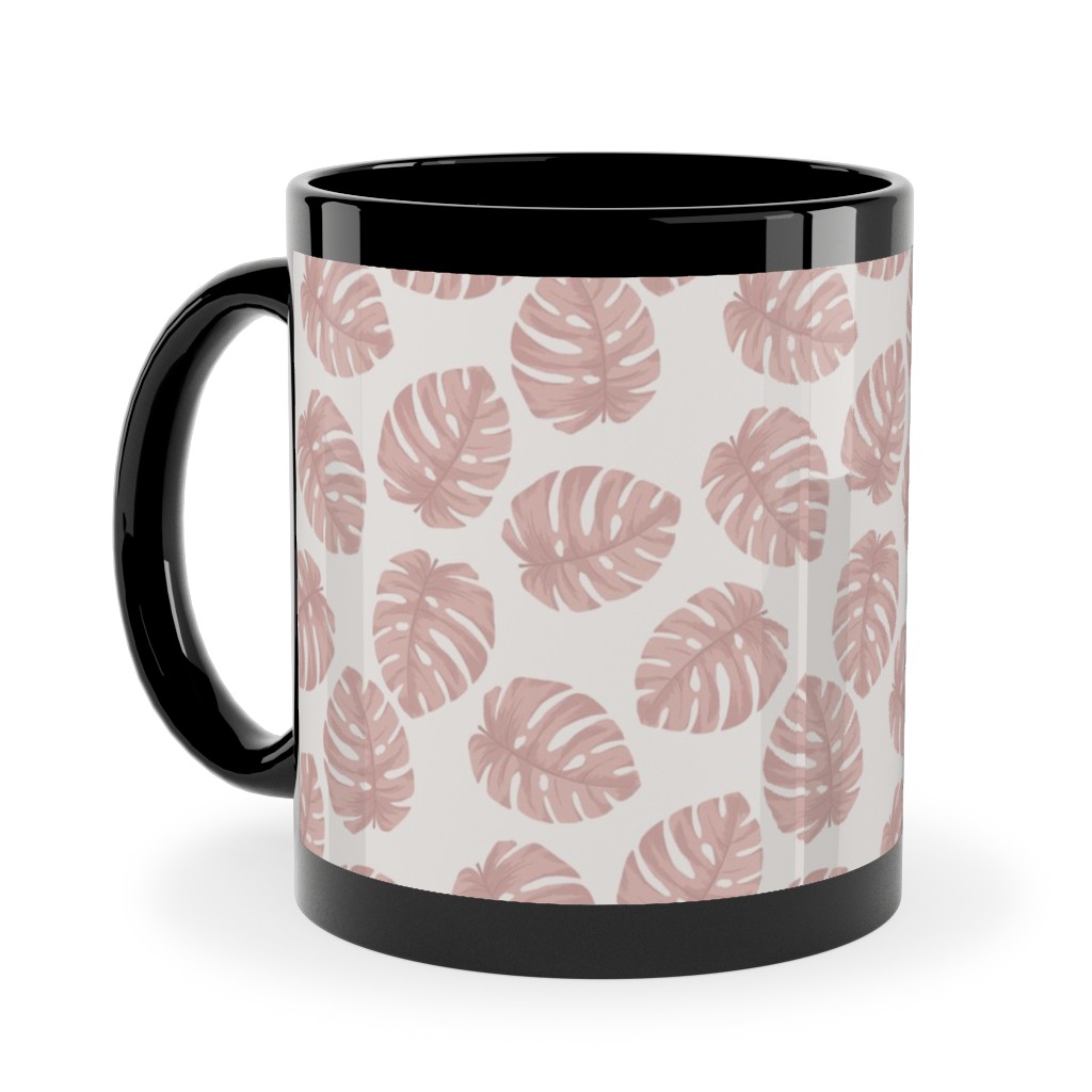 Boho Monstera Leaf - Light Pink on Off White Ceramic Mug, Black, , 11oz, Pink, Bright Pink