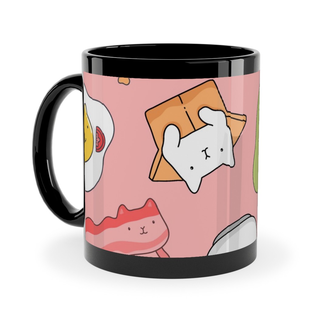 Cats and Foods Ceramic Mug, Black, , 11oz, Pink, Shrimp