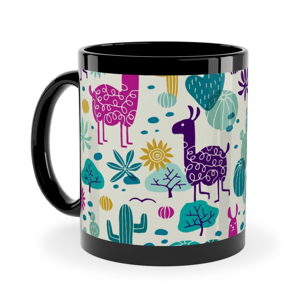 Llamas in the Desert - Multicolor Ceramic Mug, Black, , 11oz, Multicolor