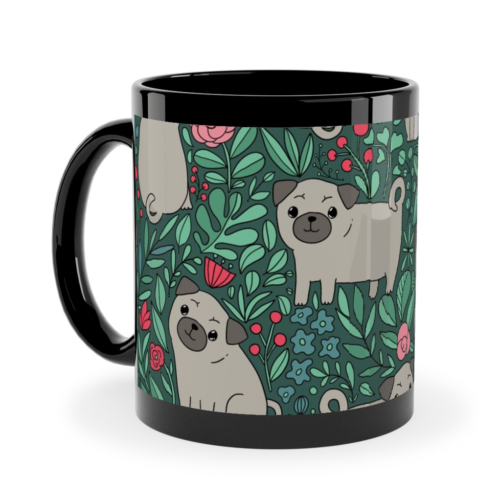 Cute Pugs and Flowers - Multicolor Ceramic Mug, Black, , 11oz, Green, Classic Green