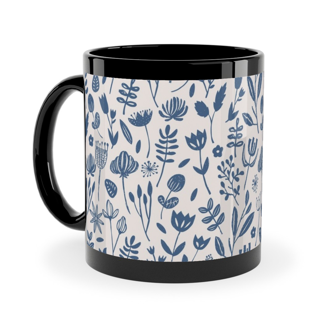 Folk Botanical Print - Blue Ceramic Mug, Black, , 11oz, Blue, True Blue