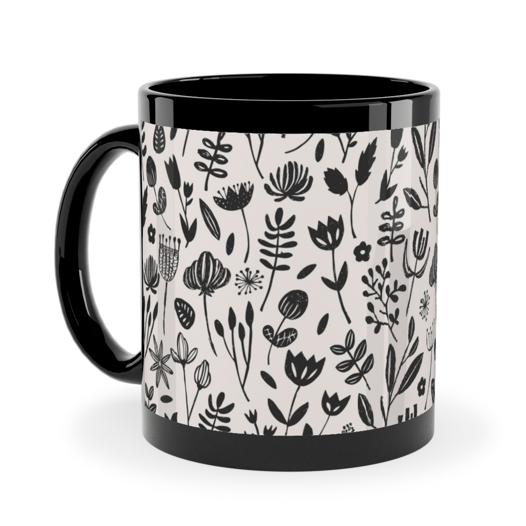 Folk Botanical Print - Neutral Ceramic Mug, Black, , 11oz, Beige, Pearl