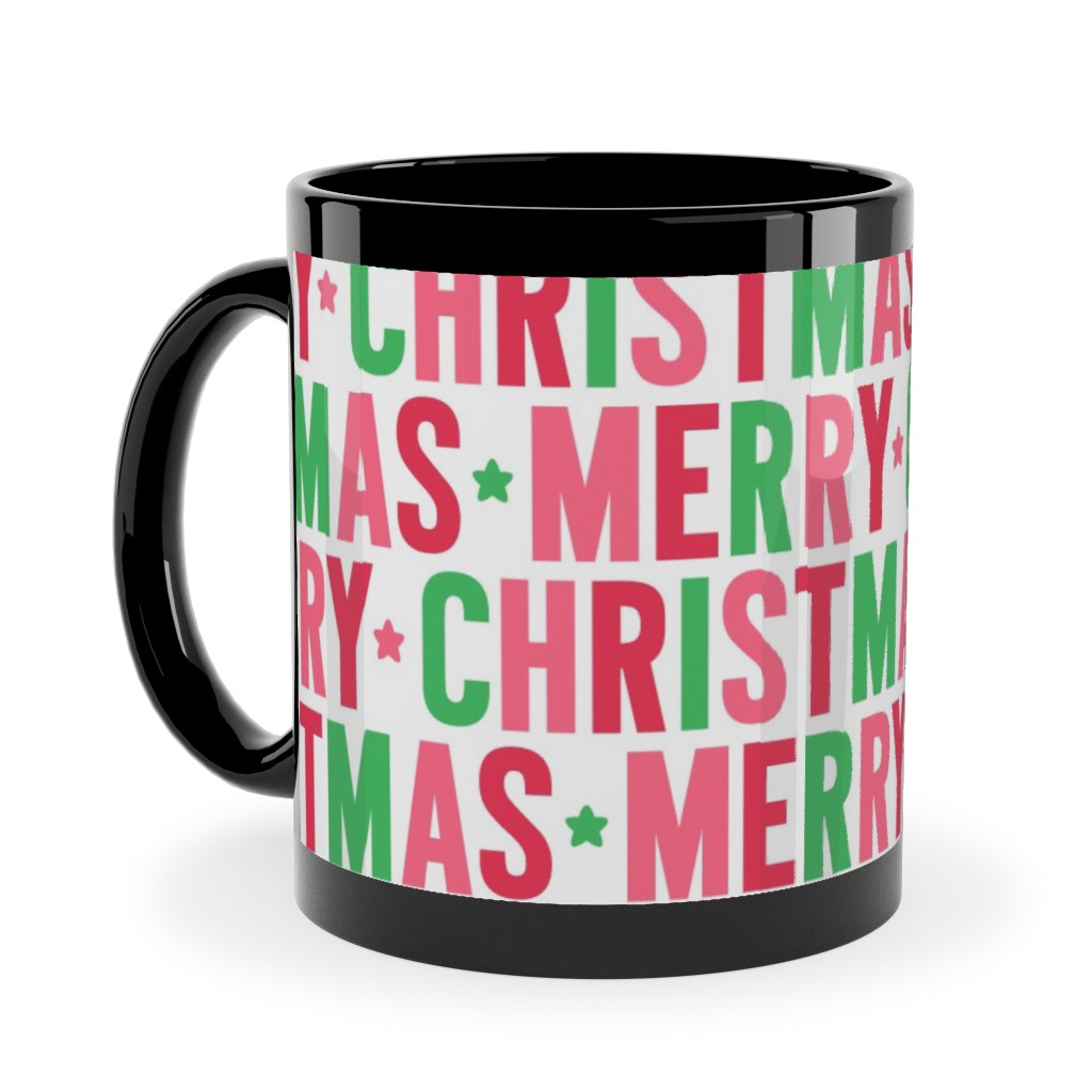 Merry Christmas Uppercase - Green, Pink, Red Ceramic Mug, Black,  , 11oz, Multicolor