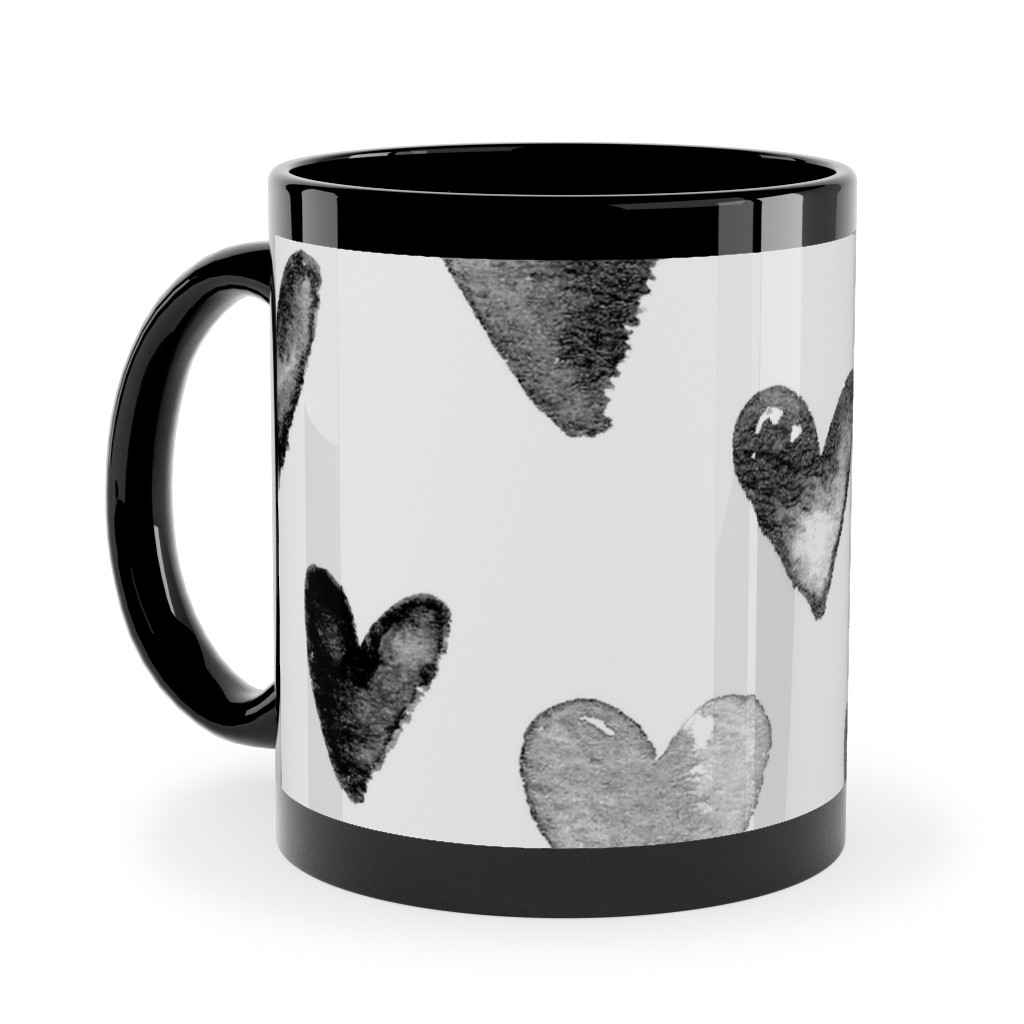 Watercolor Hearts - Black and White Ceramic Mug, Black, , 11oz, Black, Black