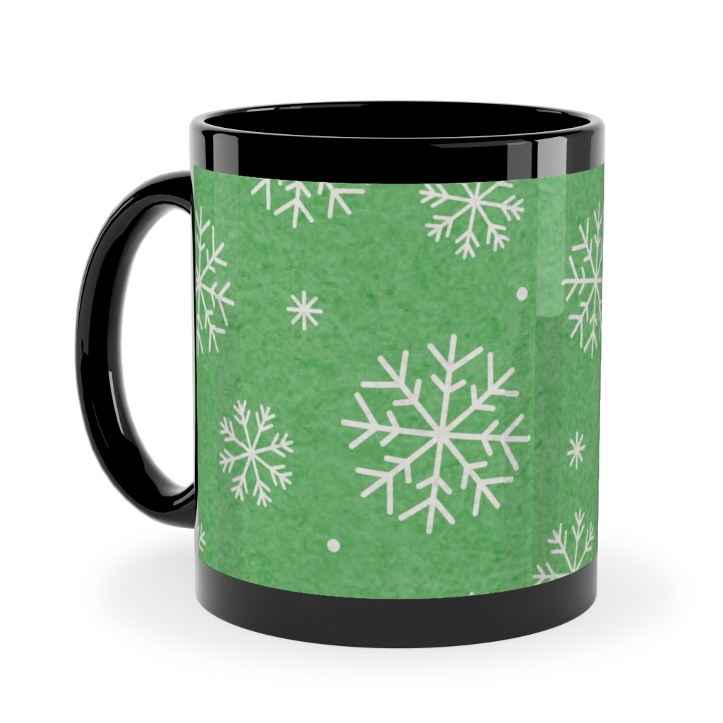 Snowflakes on Mottled Green Ceramic Mug, Black,  , 11oz, Green
