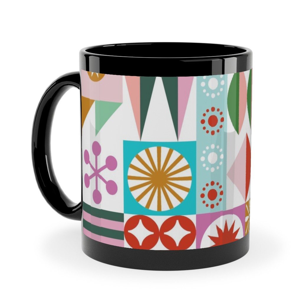 Santa's Workshop Geometric Stars Snowflakes Grid Holiday Stripes - Multi Ceramic Mug, Black, , 11oz, Multicolor