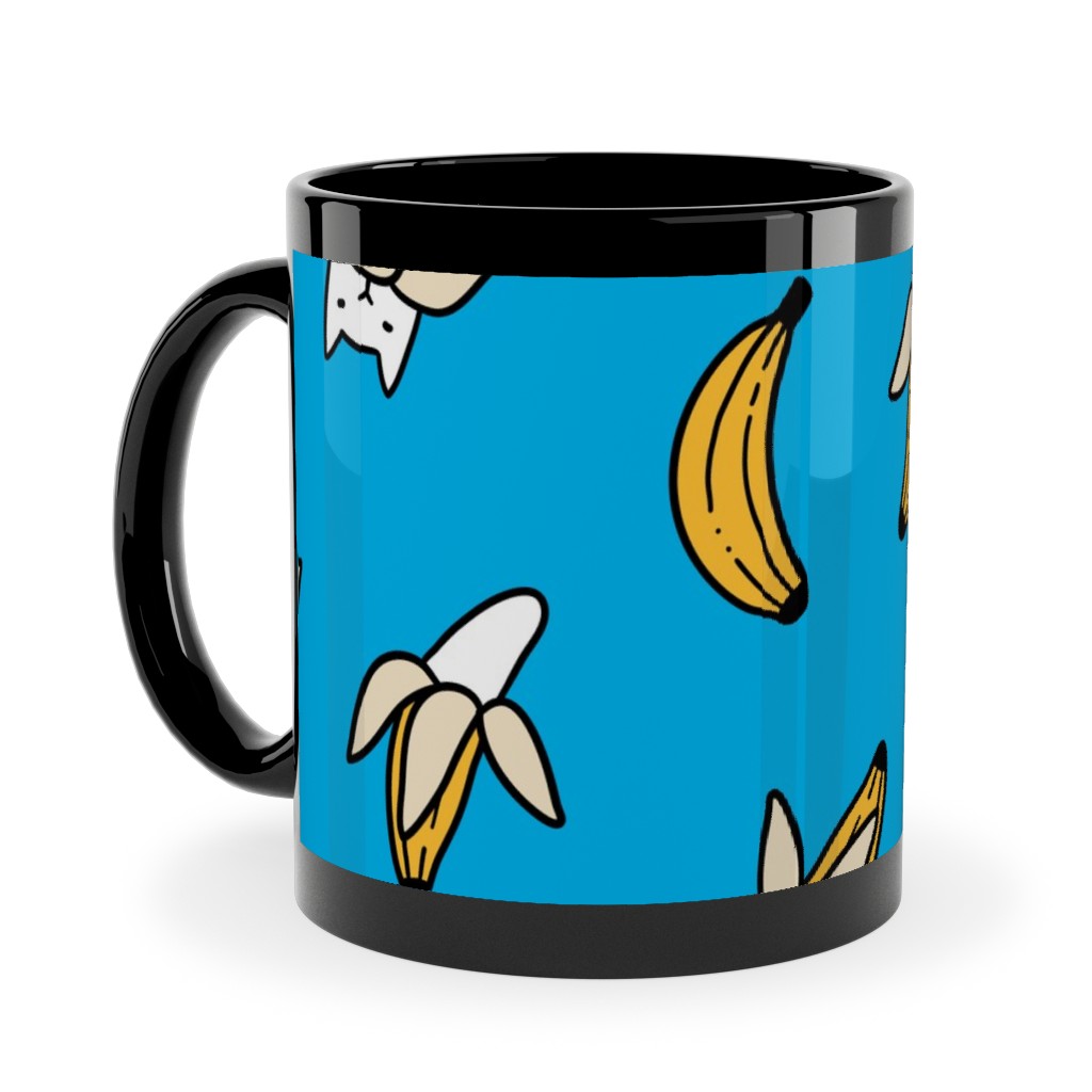 Funny Yummy Banana Cats - Blue Ceramic Mug, Black,  , 11oz, Blue