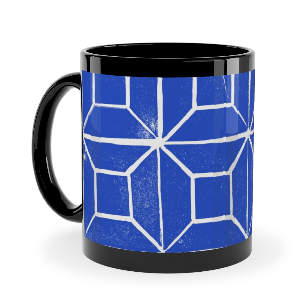 Geometric Lino - Cobalt Ceramic Mug, Black,  , 11oz, Blue